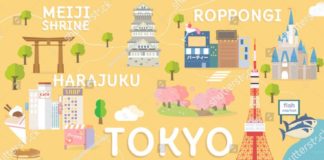 Travel infographic – Tokyo travel map in flat illustration.