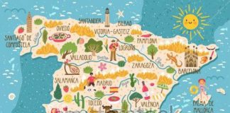 Travel infographic – Travel infographic – Vector stylized map of Spain. Travel illustration with spanish landmarks, people, food and plants.
