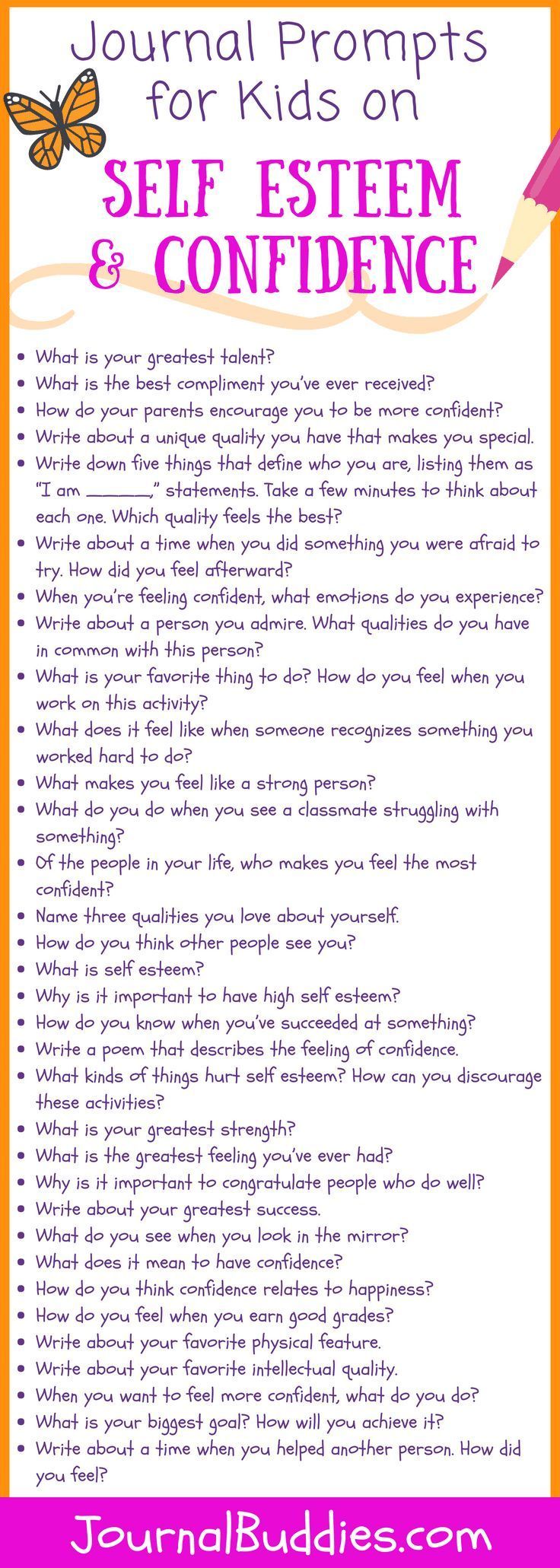 Educational infographic : Journal Prompts for Kids on Self Esteem ...