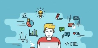 Educational infographic : Man is working with laptop. Flat line contour illustration of student studying p…