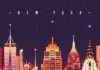 Travel infographic – New York City, New York – Neon Skyline (Empire State Building Center) – Lantern …