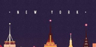 Travel infographic – New York City, New York – Neon Skyline (Empire State Building Center) – Lantern …