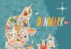 Travel infographic – Vector stylized map of Denmark. Travel illustration with danish landmarks, peopl…