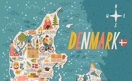 Travel infographic – Vector stylized map of Denmark. Travel illustration with danish landmarks, peopl…