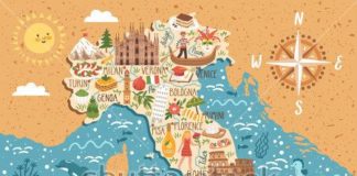 Travel infographic – Vector stylized map of Italy. Travel illustration with italian landmarks, people…
