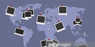 Travel infographic – World travel map with photo frames and pins journey concept design