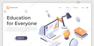 Business infographic : Landing page with student’s workplace, computer and place for text. Distant and …