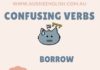 Educational infographic : Confusing verb pairs in English. SAT vs TELL, WASTE vs SPEND, BORROW vs LEND. Im…
