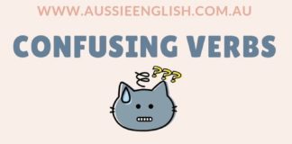 Educational infographic : Confusing verb pairs in English. SAT vs TELL, WASTE vs SPEND, BORROW vs LEND. Im…