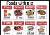 Food infographic – B12: is a coenzyme used in nucleic acid metabolism. Adult daily needs is 2.4 mcg