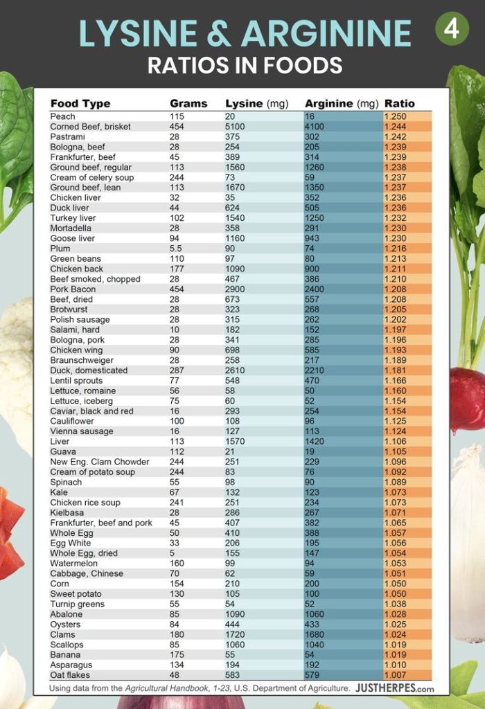 Food infographic LysineArginine Ratios LysineRich Foods with Less