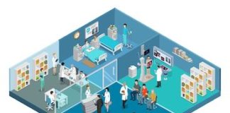 Healthcare infographic : Flat isometric Medical center hospital interior vector illustration. Healthcare …