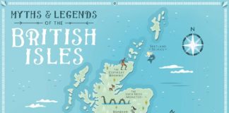 Travel infographic – British Isles Map, Myths and Legends of the British Isles Illustrated Map, Great Britain Map, UK Illustrated Map, British Map, Fantasy Map