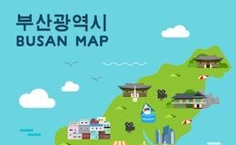 Travel infographic – Busan travel map vector illustration, Attractions in flat design. Korean charact…