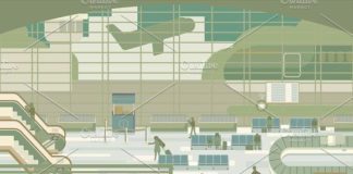 Travel infographic – Business people sitting and walking in airport terminal, business travel concept…