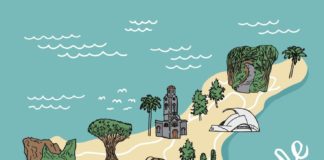 Travel infographic – Illustrated Tenerife map. Cartoon canarian island detailed map.