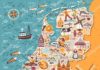 Travel infographic – Vector stylized map of Netherlands. Travel illustration with dutch landmarks, pe…