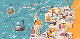 Travel infographic – Vector stylized map of Netherlands. Travel illustration with dutch landmarks, pe…