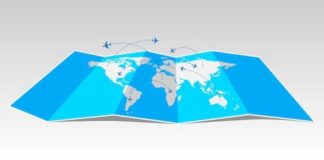 Travel infographic – World travel map with airplanes.