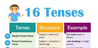Educational infographic : 16 Tenses in English Grammar with formula and examples