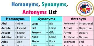 Educational infographic : Homonyms, Synonyms, Antonyms List in English