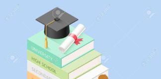 Educational infographic : Books step education timeline. Boy student walking up to the stairs to graduatio…