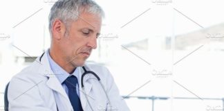 Medical infographic : Serious doctor working with a tablet computer. Medical Infographic